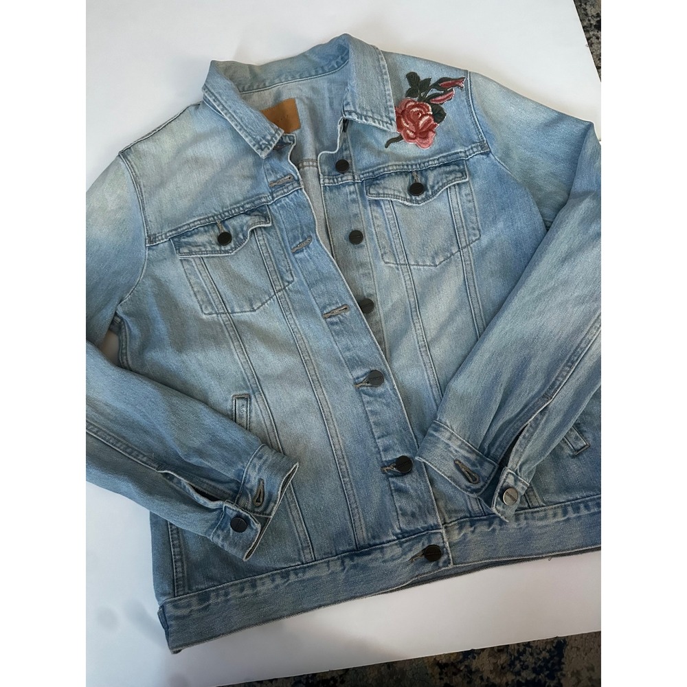 Sanctuary Womens Embroidered Denim Jacket Light Wash Floral Hummingbird S